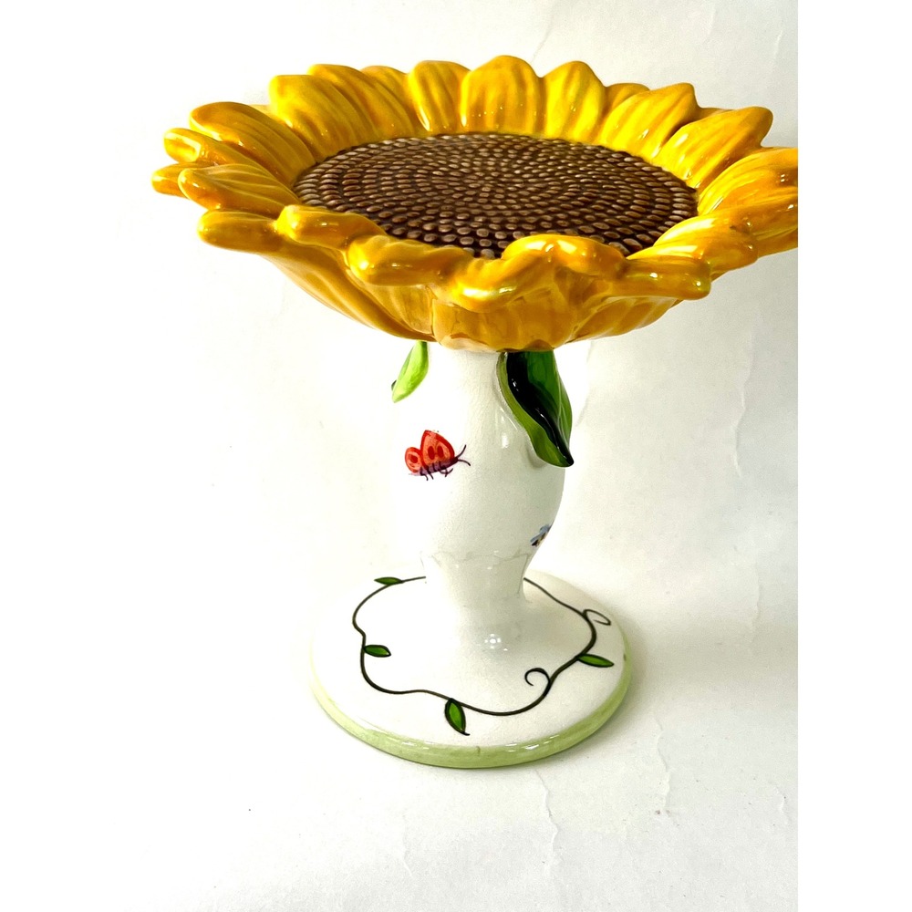 Russ Berrie Royal Copley Sunflower Pedestal Dish Ceramic Ladybug Bee 28858